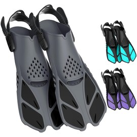 swellodyssey Snorkel Fins Adjustable Buckles Open Heel Swim Flippers Travel Size Short Swim Fins for Snorkeling Diving Swimming Adult Men Womens (Gray, L/XL)