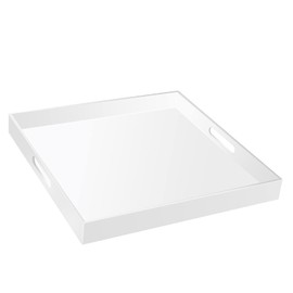 19×19 Inches Glossy White Acrylic Serving Tray with Handles Extra Large Ottoman Tray Decorative Tray Spill-Proof Coffee Table Space Saver Oversize Counter top Organizer Platter with Safe Edge