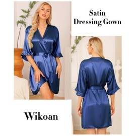 Wikoan Women's Satin Robe Summer Silk Dressing Gowns Soft Wedding Party Bathrobe 3/4 Sleeve Sleepwear with V-Neck,Light Blue,L