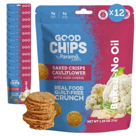 Baked Cauliflower Chips with Aged Cheese by GOOD CHIPS. Good Source of Protein, Oil Free, Vegetarian. All Natural Ingredients: Cauliflower and REAL Aged Cheese. 0.7 oz Bags, Pack of 12 (1.23 oz Bags, Pack of 12)