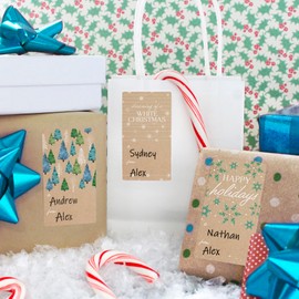 DISTINCTIVS Blue and Green Trees Christmas Gift Tags on Kraft, Self-Adhesive Stickers – 75 Labels, Wintry White Snowflakes, Blue and Green Foliage Holiday Gift Wrap Tags