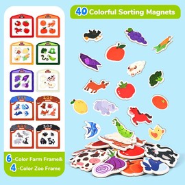 JoyCat Wooden Fridge Magnets, Large Size Farm & Zoo Fridge Magnets, 50Pcs Magnetic Color Sorting Refrigerator Toys, Educational Learning Gifts