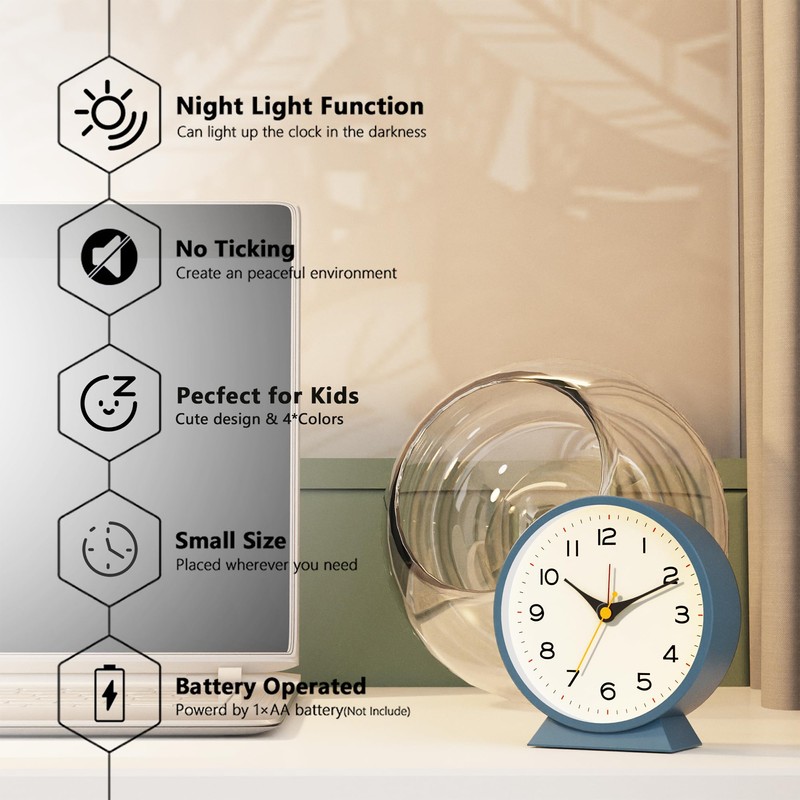 AYRELY® 4.5" Analog Alarm Clock,Small Retro Desk Clock Battery Operated,Slient