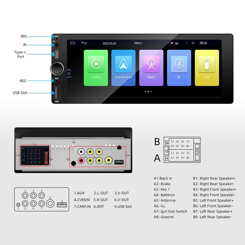 LEXXSON Single Din Car Stereo with Apple Carplay Android Auto,