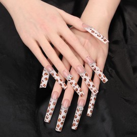 Artiprint Leopard Print Press On Nails with Rhinestone Accents, Long Coffin Shape, Reusable, 10PCS Fake Nails for Manicure, Trendy and Stylish (L072, L)
