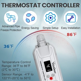110~120 V YeloDeer Temperature Controller for in Pipe Heating Cable with 3 Ft Power Cord, Pipe Heat Tape Thermostat Includes A 15 Ft Sensor