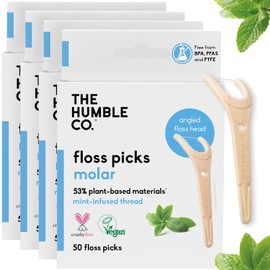 The Humble Co. Floss Picks (200 Count) – Plant Based Dental Floss Picks with Grip Handle for Superior Oral Care, Dental Hygiene, and Gum Health, Cruelty Free Tooth Floss Picks (Charcoal)