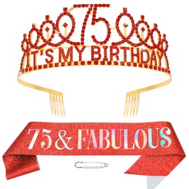 75th Birthday Decorations for Women, 75th Birthday Gits for Her Party Decorations Set- Crown Tiara and Sash with 75 & Fabulous, Red
