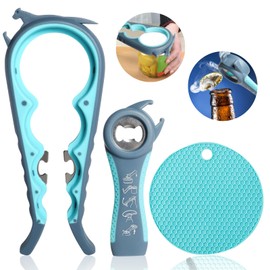 Jar Opener for Weak Hands, Seniors with Arthritis, 5 in 1 Multi Function Bottle Opener Lid Opener for Arthritic Hands with Non Slip Rubber (Blue)