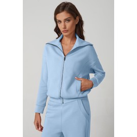 QINSEN Women's 2 Piece Outfits Long Sleeve Zip Up Lapel Sweatshirt Wide Leg Pants with Pockets Matching Sets Sky Blue XL