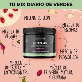 Quotidien Green Mix | Super Jugo Verde en Polvo con Matcha, Espirulina, Clorofila, Moringa, Melena de León, Probióticos y Más | Detox, Energía y Digestión | Sabor Frutos Rojos | 30 Porciones | Vegano