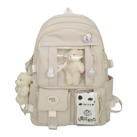 Jywmsc Kawaii School Backpack for Girls Women Cute Aesthetic Backpack School Book Bag with Pin and Accessories (White)