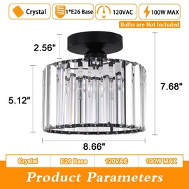 BUXVRCS Semi Flush Mount Modern Chandelier, Crystal Ceiling Light Fixture, Small Close to Ceiling Light for Living Room, Bedroom, Hallway, Bathroom, Kitchen, Entryway with E26 Base (Black)