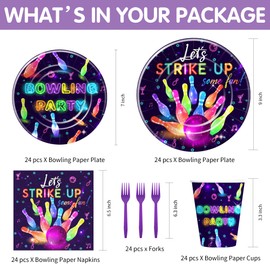 YJRJSC Bowling Birthday Party Supplies, Strike Up Some Fun Bowling Ball Party Decorations Tableware for Birthday Baby Shower, Paper Plate, Cup, Napkin, Disposable Fork, Serves 24