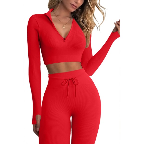QINSEN Workout Sets for Women 2 Piece Seamless Long Sleeve