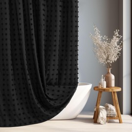 Siiluminisoy Extra Long Black Boho Shower Curtain Woven Fabric Cute 84 Inch Shower Curtain, 72 x 84 Tufted Pleat Floral Textured Modern Farmhouse Minimalist Shower Curtain Set with Hooks for Bathroom
