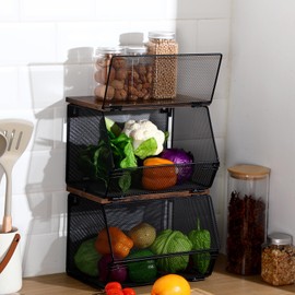 Teenyyou 2 Pack Stackable Metal Mesh Storage Basket with Wood Lid, Wall Mounted Hanging Basket for Fruit Snack Vegetable Storage, 7.1"w & 11.8"l Container for Kitchen Counter Bathroom Organizing