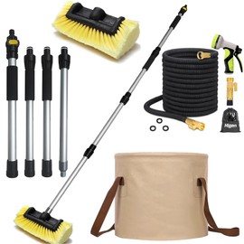 Car/Truck/RV Wash Brush w. Foldable Bucket & 25ft Water Hose Adjustable 60“ Long Handle On/Off Switch Flow-Thru Pipe Soft Bristle Head Cleaning Kit & Nozzle, 2024 Upgraded w. Reinforced Connector