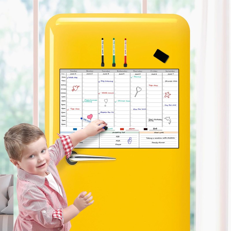 POPRUN Magnetic Weekly Dry Erase Board Calendar for Fridge, 16.9"x11"Schedule