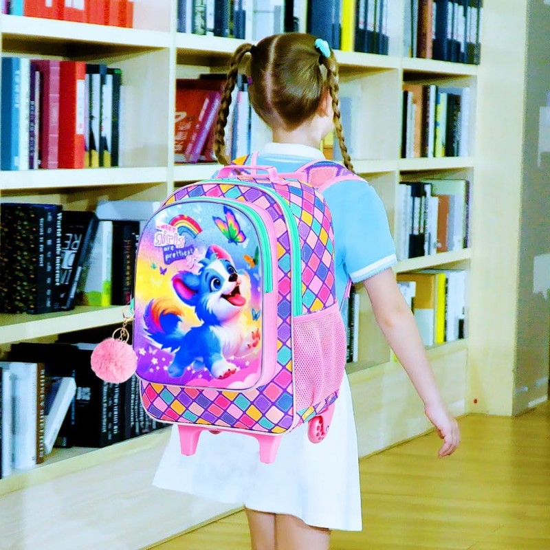 KLFVB Girls Bookbag with Wheels, 3PCS Kids Roller Backpack with