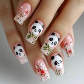 Panda Press on Nails Medium Square Fake Nails with White Red Flower Designs Green Bamboo False Nails Spring Stick on Nails Cute Glossy Reusable Summer Glue on Nails for Women Girls Manicure 24Pcs