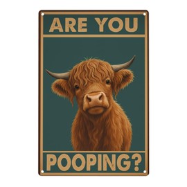 Funny Highland Cow Bathroom Sign – “Are You Pooping?” Vintage Western Tin Wall Decor for Restroom, Toilet or Farmhouse – 8" x 12" Metal Sign