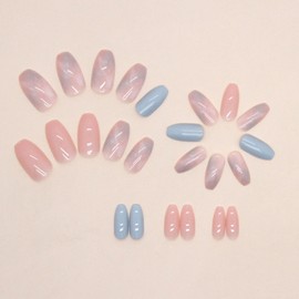 Coffin Press on Nails Short Fake Nails with Marble Designs Acrylic Nails Press ons Glossy Glue on Nails Light Blue Full Cover Artificial Stick on Nails for Women 24Pcs