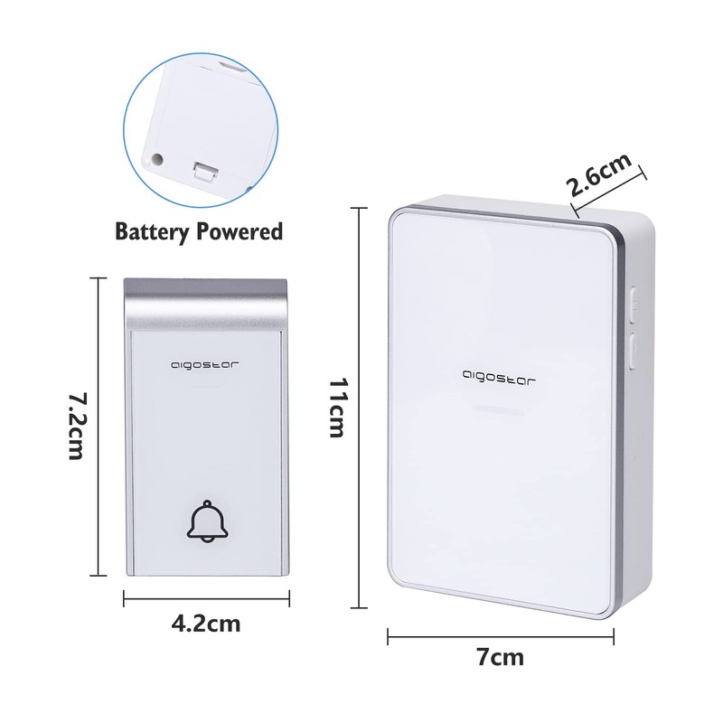 Aigostar waterproof portable wireless bell set, doorbell kit, LED flashing,