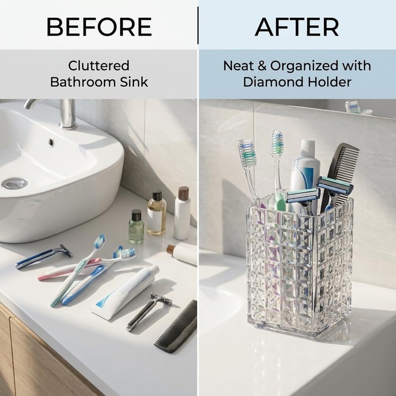 2 Pack Acrylic Toothbrush Holder, Clear Diamond Faceted Cup for