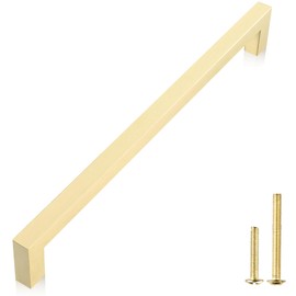 QOGRISUN 2-Pack Solid Brass Cabinet Pulls, Gold Square Drawer Handles, 8-3/4-inch Hole Center Kitchen Hardware for Dresser, Cupboard, Brushed Brass Finish