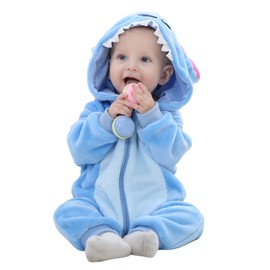 Baby Jumpsuit Winter Baby Romper Warm Flannel Stitch Dinosaur Unicorn Costumes for Baby, Cute Baby Onesie Pyjamas Hood Zip, Children's Pyjamas Sleeping Bag with Sleeves Feet 0-36 Months, Stitch Blue