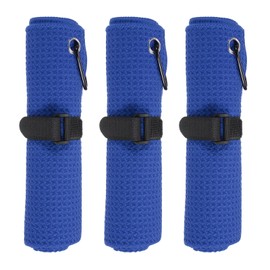 PATIKIL 16"x16" Microfiber Golf Towel, 3 Pack Tri-Fold Golf Towels Waffle Pattern Towels Absorption with D Clip, Hook and Loop Fastener, Blue