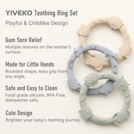 YIVEKO Silicone Teethers for Babies 0-6 6-12 Months Teething Toys for Infants Baby Chew Toys for Sucking Needs Baby Teething Rings for Infant Boys and Girls 3 Pack-Dinosaur-Blue