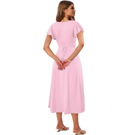SAMPEEL Spring Dresses for Women 2025 Pink Maxi Cute Wrap Summer Dresses 2025 Wedding Guest Tea Party Dinner Date Outfits L