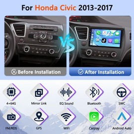Motorsi [4+64G] Car Stereo Radio for Honda Civic 2013 2014 2015 2016 2017 with Wireless CarPlay & Android Auto 9" Touch Screen Bluetooth Audio with GPS Navigation Mirror Link WiFi RDS Backup Camera