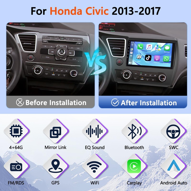 Motorsi [4+64G] Car Stereo Radio for Honda Civic 2013 2014