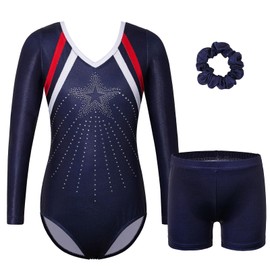 BAOHULU Gymnastics Leotards for Girls Long Sleeve Sparkly Cute Pattern Dance Outfit with Matching Shorts Set US_KHB375_NavyStars_5A