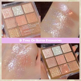 9 colours glitter eyeshadow palette, gold white pink palette, natural, waterproof, long-lasting, suitable for girls, shimmering pearl effect