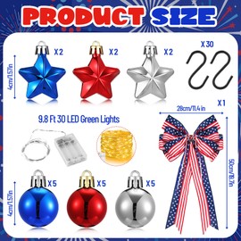 Vicenpal 16 Pcs Summer Christmas Tree Decorations 5ft Pop up Lighted Tree with 30 LED Lights 12 Balls Ornaments Bow Topper Red White Blue Tinsel Collapsible for Summer Pool Party