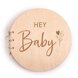Mikito Baby Shower Guest Book with Wooden Cover - Baby Shower Memory Album, 'Hey Baby' Guest Book for Girls and Boys, Gifts for a Baby Shower, Wooden Guest Book as a Gift