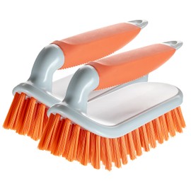 NCaan 2pk Deluxe Hand Scrubbing Brush Heavy Duty with Stiff Bristles & Non-Slip Soft Grip Handle-Household Cleaning Brush for Indoor & Outdoor, Bathroom, Kitchen, Carpet, Floor, Bath, Car (Orange, 2)