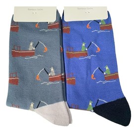 Purple Possum® Mens Socks Gone Fishing Boat Cotton Bamboo Novelty Fun Socks Size 7-11 (Cotton Blend, Blue & Grey 2 Pair Pack)