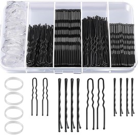 Tavvke 300 PCS Hair Pins Set, 100 Black Bobby Pins, 100 U-Shaped Hair Pins & 100 Clear Rubber Bands, Hairpins for Buns, French Pins, Hair Accessories for Women and Girls, Storage Case Included