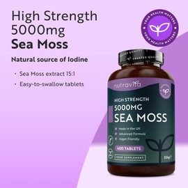Nutravita 5000mg Sea Moss Tablets - 400 Irish Sea Moss Vegan Supplements for 6.5 Months of Supply, Contributes to Normal Energy-Yielding Metabolism, Skin & Cognitive Function (EFSA) Made in The UK