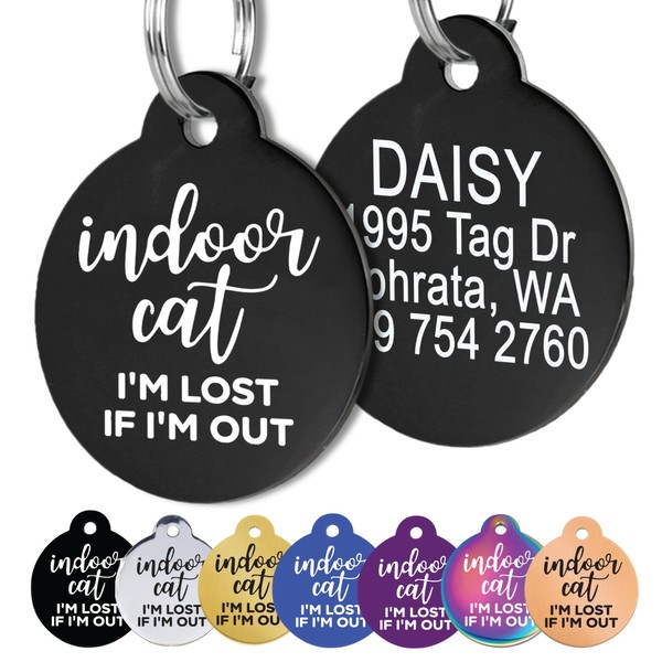 GoTags Cat Tags Personalized Small, Indoor Cat Tag Engraved with 4 Lines of Custom ID for Collars, I'm Lost If I'm Out Cat Name Tags, Black Stainless Steel Pet ID Tag, Round