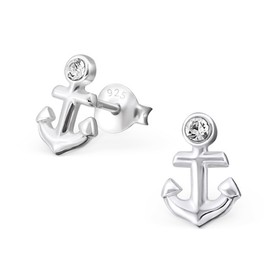 Crystal Anchor Stud Earrings 925 Real Silver Earrings, Cubic Zirconia Sterling Silver, Cubic Zirconia