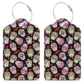 2 Pack Luggage Tags for Suitcase Colorful Sugar Skull Leather Stainless Steel Loop Label Tags for Women Men Travel Bag Suitcase with Privacy Cover Name ID Card