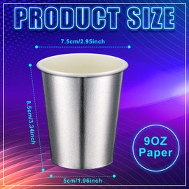 Disposable Silver Drinking Party Paper Cups 9 oz Iridescent Disco Lasering Cups Hot Cold Drink Tea Coffee Cocktail Cups for Home, Restaurant, Store and Cafe Party Supplies (Simple Style, 100 Pcs)