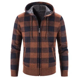 Kinkia Men's Zip Up Hoodies Casual Long Sleeve Full Zipper Sherpa Fleece Lined Knit Cardigan Sweater Jacket with Pockets, Coffee Plaid, X-Large