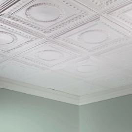Fasade - 2ft x 4ft Rosette Glue Up Ceiling Tile/Panel (5 Pack) - Matte White, 12x12 Inch Sample